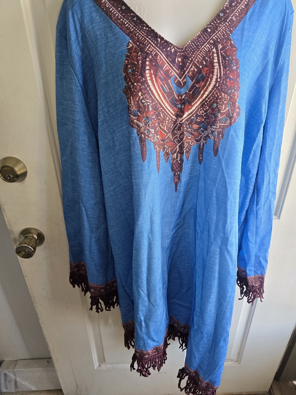 Bohemian Blue Long-Sleeve V-Neck Dress with Fringe